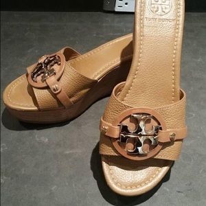 Tory Burch tan leather wedges, size 8M.
